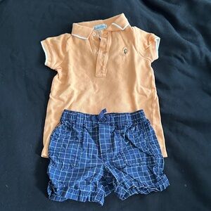 Ralph Lauren Orange Polo Romper with Baby Gap Blue Shorts